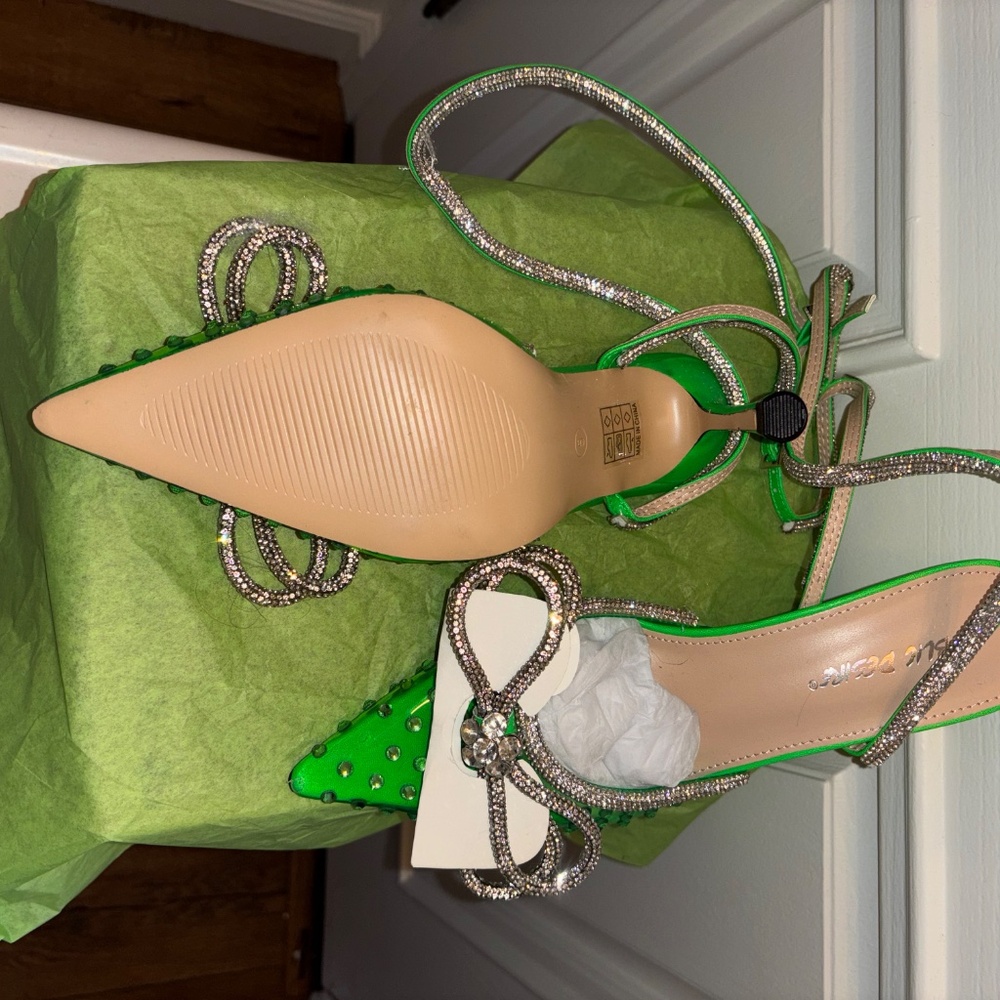 NEW Public Desire Azealia Neon Green Crystal Diamanté 7.5 Wrap Around Bow Heels - Picture 14 of 14